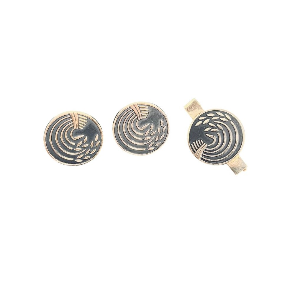 Vintage Swank Gold Tone W/Black Enamel Wheat Pattern Tie Bar And Cufflinks (1981